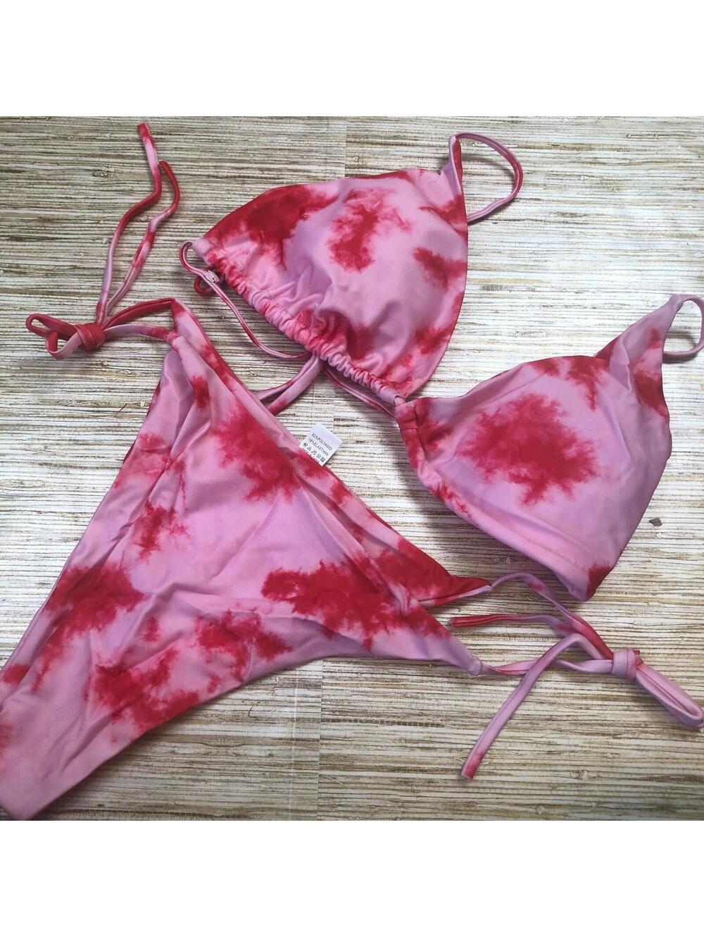 69 RATTLEBUSH Women's triangle tie Bikini set PINK sz L nwot